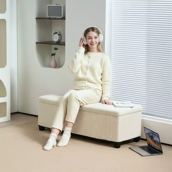 HOMCOM Storage Ottoman Bench, Corduroy Footstool with Removable Lid and Legs, 112cm Storage Chest Box for Living Room, Bedroom, Hallway, Beige - 2
