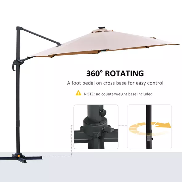 Outsunny 3(m) LED Cantilever Parasol Outdoor Sun Umbrella w/ Base Solar Lights Brown - 6