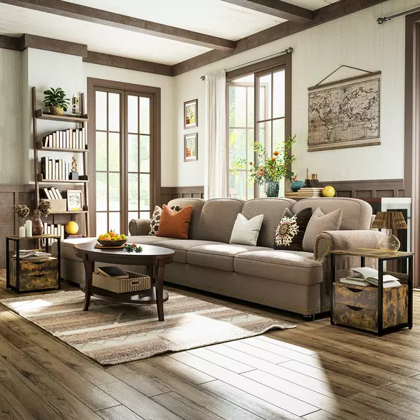 HOMCOM Industrial Side Table Set of 2, Sofa Table with Drawer, Bedside Cabinet with Storage Shelf, Slim Nightstand for Living Room, Bedroom, Rustic Brown - 2