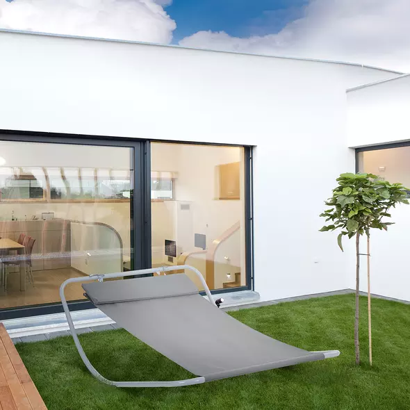 Outsunny Rocking Sun Lounger, Single Garden Lounger Sunbed with Headrest Pillows, Texteline Outdoor Rocking Chair Swing Hammock Daybed with Metal Frame for Patio, Terrace, 212 x 132 x 66 cm, Grey - 2