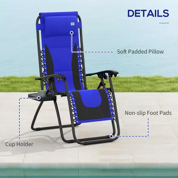 Outsunny Zero Gravity Lounger Chair Set of 2, Folding Reclining Patio Chair with Padded Seat, Cup Holder, Soft Cushion and Headrest for Poolside, Camping, Blue - 7