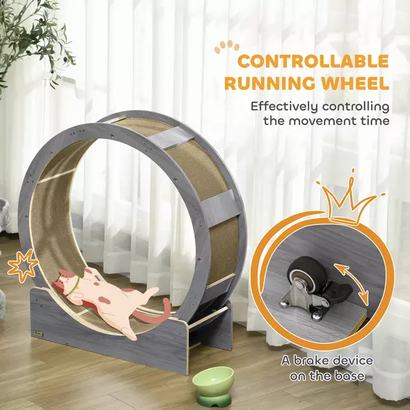 PawHut Cat Wheel with Brake, Scratching Pads - Grey - 6