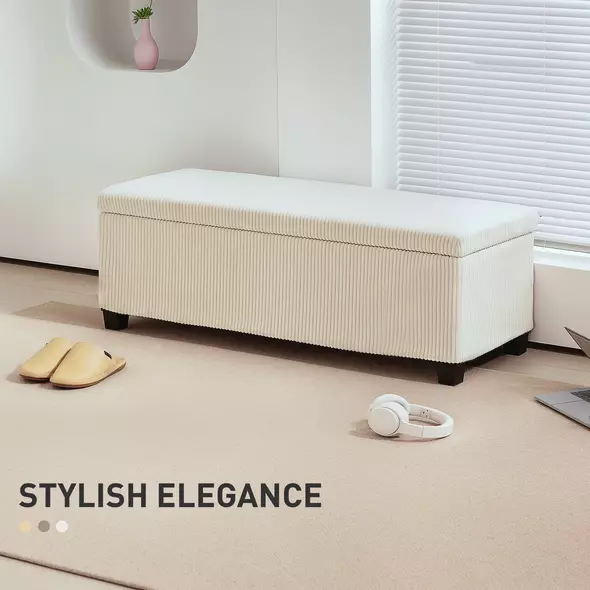 HOMCOM Storage Ottoman Bench, Corduroy Footstool with Removable Lid and Legs, 112cm Storage Chest Box for Living Room, Bedroom, Hallway, Beige - 4