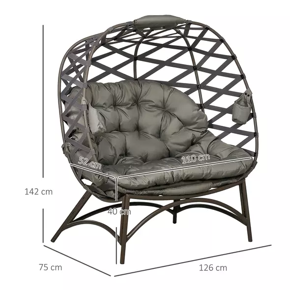 Outsunny 2 Seater Egg Chair Outdoor, Folding Weave Garden Furniture Chair with Cushion, Cup Pockets - Sand Brown - 3