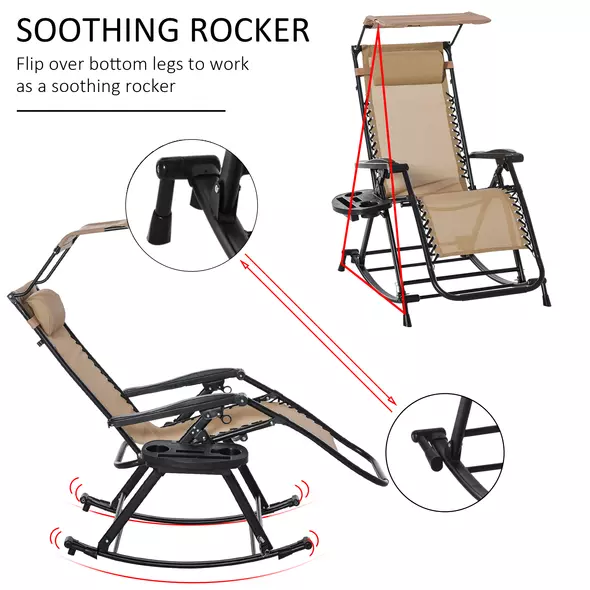 Outsunny Garden Rocking Chair Folding Recliner Outdoor Adjustable Sun Lounger Rocker Zero-Gravity Seat with Headrest Side Holder Patio Deck - Beige - 8