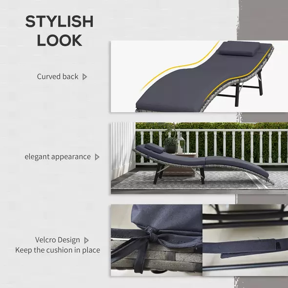 Outsunny Rattan Folding Sun Lounger Outdoor Chair with Cushion and Pillow Grey - 6