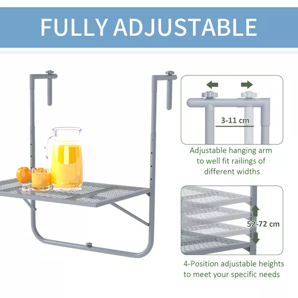 Outsunny Balcony Hanging Table, Metal Wall Mount Desk, Adjustable Folding Balcony Deck Table for Patio and Garden, Grey - 4