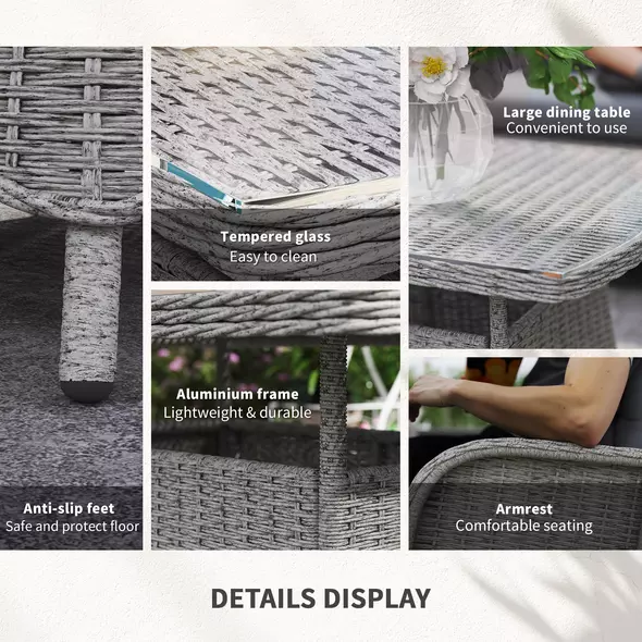 Outsunny Garden PE Rattan Dining Sofa Set, Outdoor 4 Seater Wicker Furniture, High Back Chairs with Cushions, Tempered Glass Coffee Table for Patio, Light Grey - 6