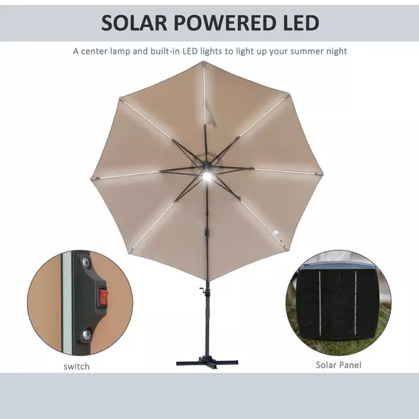 Outsunny 3(m) LED Cantilever Parasol Outdoor Sun Umbrella w/ Base Solar Lights Brown - 4