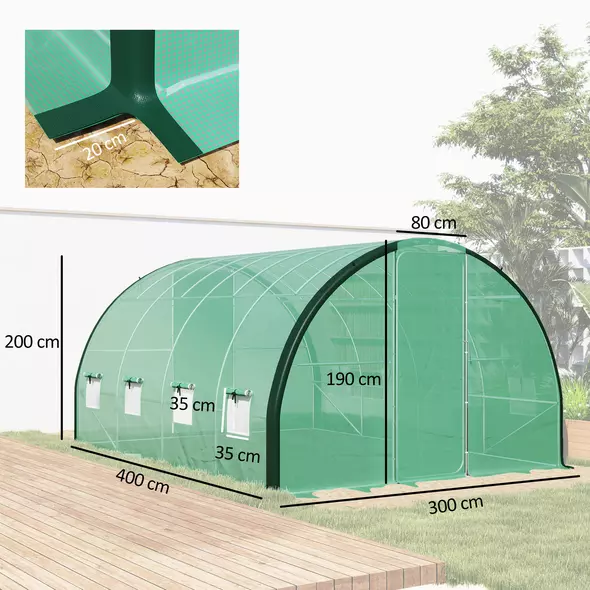 Outsunny 4 x 3 m Polytunnel Greenhouse with Windows and Doors and Galvanised Steel Frame - Green - 3