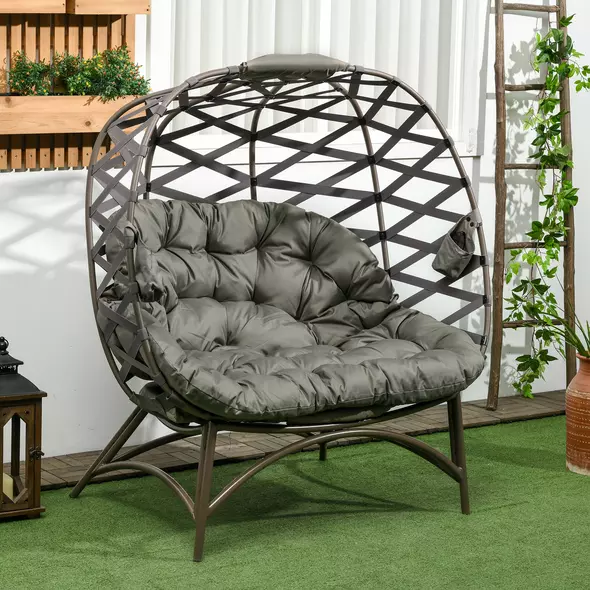 Outsunny 2 Seater Egg Chair Outdoor, Folding Weave Garden Furniture Chair with Cushion, Cup Pockets - Sand Brown - 2