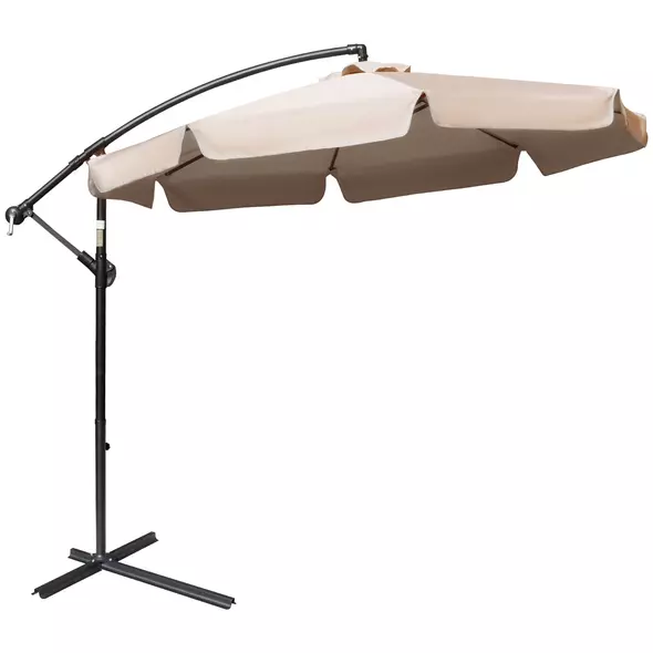 Outsunny 2.7m Cantilever Parasol Banana Sun Umbrella with Crank Handle and Cross Base for Outdoor Hanging Sun Shade Light Brown - 1