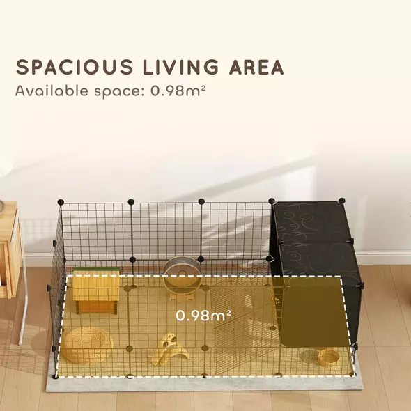 PawHut DIY Small Animal Cage with Elevated Huts, C&C Cage for Guinea Pigs, Hedgehogs, Rabbits, 31 Panels, Black - 6