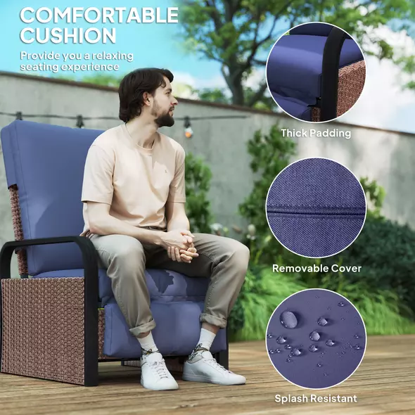 Outsunny 140° Reclining Rattan Armchair - Brown/Blue - 6
