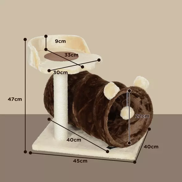 PawHut 47cm Small Cat Tree w/ Scratching Post, Bed, Cat Tunnel, Toy Ball, Dark Brown - 3