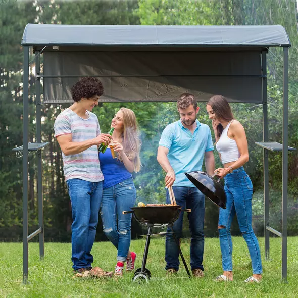 Outsunny 2.2 x 1.4m BBQ Shelter, Outdoor Grill Gazebo Canopy with Shelves, Hanging Hooks, and Metal Frame, for Garden Patio Backyard - 2