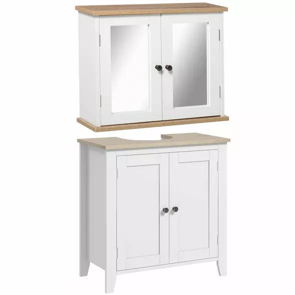 kleankin Bathroom Furniture Set, Mirror Cabinet Wall Mounted with Adjustable Shelf, Bathroom Sink Cabinet with Storage, White and Wood Grain - 1