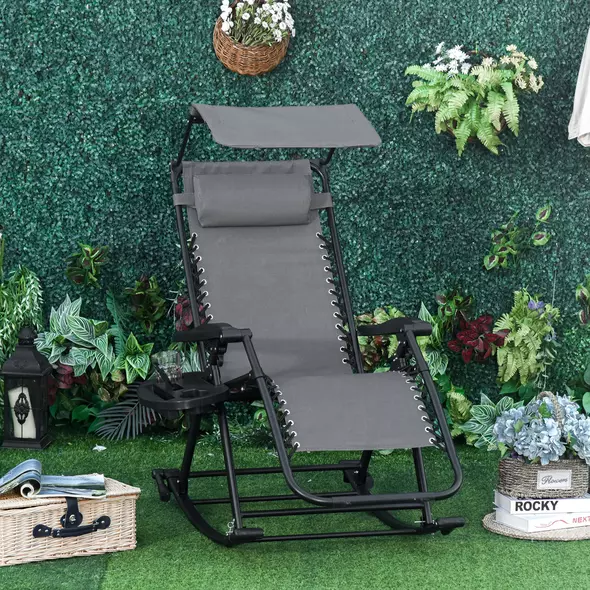Outsunny Garden Rocking Chair Folding Recliner Outdoor Adjustable Sun Lounger Rocker Zero-Gravity Seat with Headrest Side Holder Patio Deck - Grey - 2