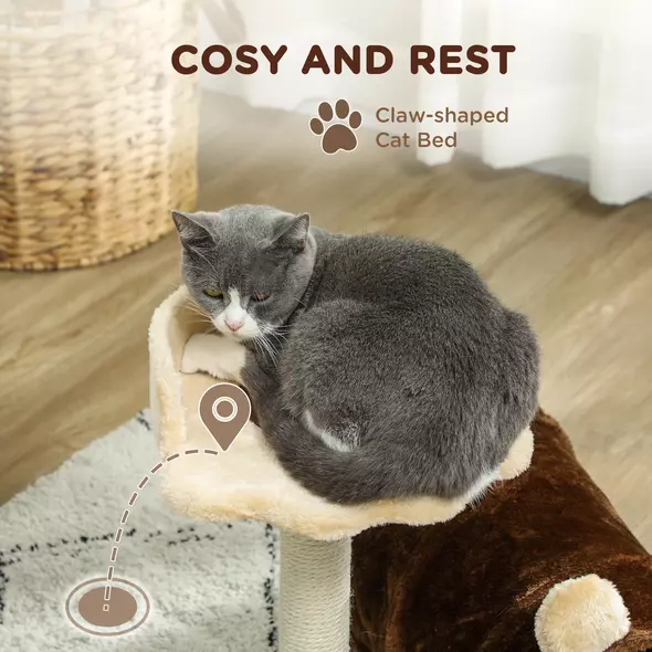 PawHut 47cm Small Cat Tree w/ Scratching Post, Bed, Cat Tunnel, Toy Ball, Dark Brown - 5