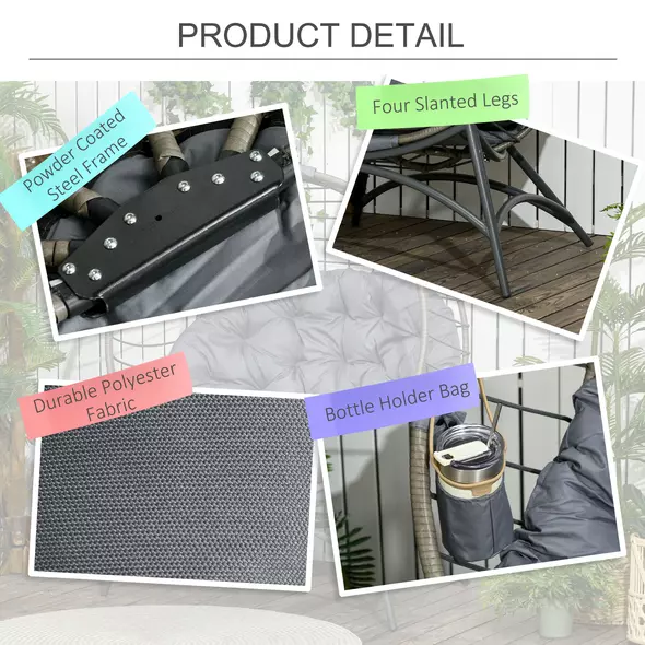 Outsunny Folding Rattan Egg Chair, Freestanding Basket Chair with Cushion, Bottle Holder Bag for Outdoor or Indoor, Grey - 7