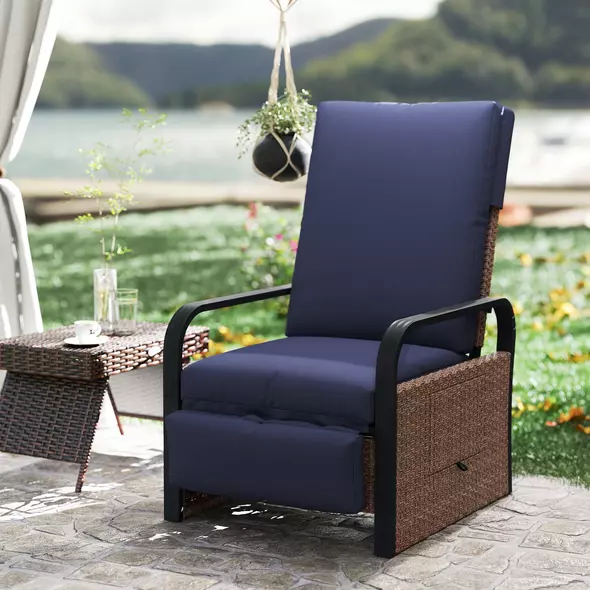 Outsunny 140° Reclining Rattan Armchair - Brown/Blue - 9