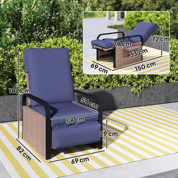 Outsunny 140° Reclining Rattan Armchair - Brown/Blue - 3