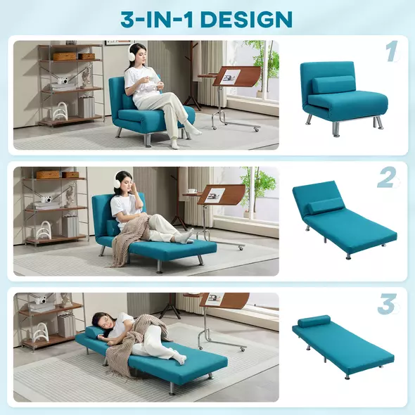 HOMCOM Single Linen-Feel Sleeper Chair - Dark Blue - 4