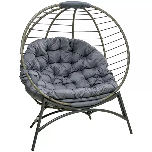 Outsunny Folding Rattan Egg Chair, Freestanding Basket Chair with Cushion, Bottle Holder Bag for Outdoor or Indoor, Grey - 1