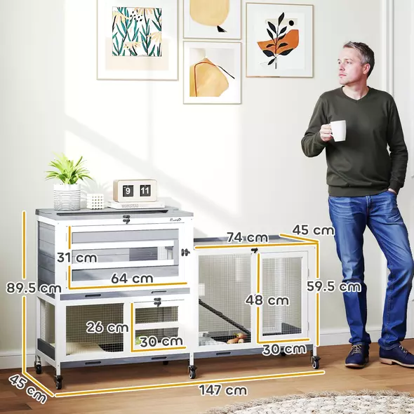 PawHut Wooden Rabbit Hutch with Run, 2-Tier Guinea Pig Hutch with Run, Wheels, 3 Plastic Trays, 2 Openable Top, for 2-3 Rabbits - 3