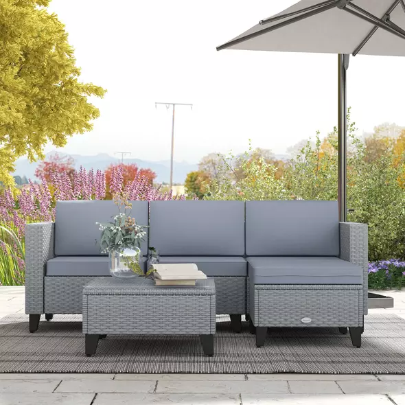 Outsunny 5-Piece Rattan Patio Furniture Set with Corner Sofa, Footstools, Coffee Table, for Poolside, Grey - 2