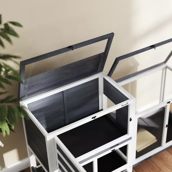 PawHut Wooden Rabbit Hutch with Run, 2-Tier Guinea Pig Hutch with Run, Wheels, 3 Plastic Trays, 2 Openable Top, for 2-3 Rabbits - 9