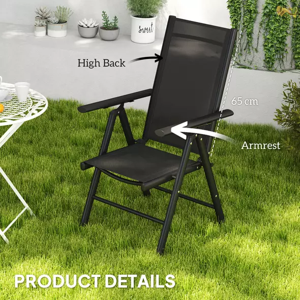 Outsunny Set of 2 Folding Garden Chairs, Aluminium Frame Outdoor Dining Chairs with Breathable Mesh Back and Seat, Garden Folding Chair Set with Armrests for Balcony, Black - 7