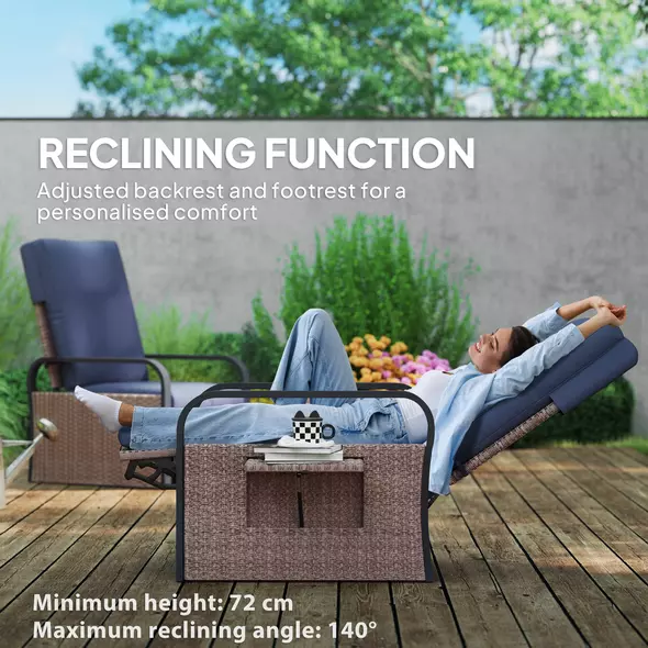 Outsunny 140° Reclining Rattan Armchair - Brown/Blue - 4