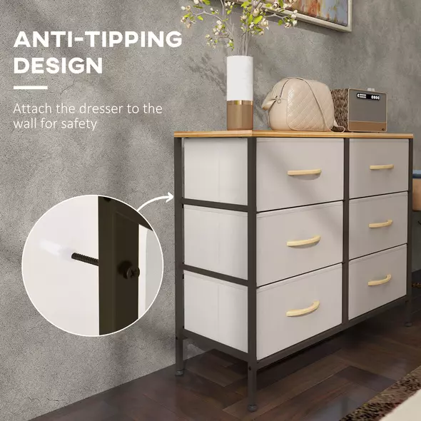 HOMCOM Fabric Chest of Drawers, Industrial Bedroom Dresser with 6 Fabric Drawers, Steel Frame and Wooden Top for Nursery, Living Room, Hallway, Cream White - 5