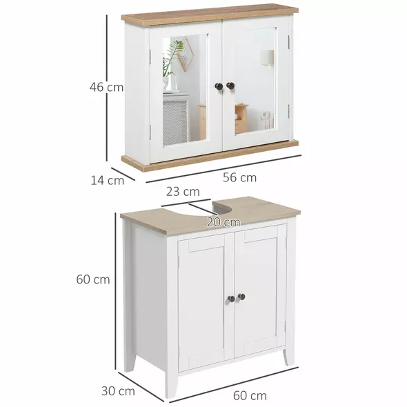 kleankin Bathroom Furniture Set, Mirror Cabinet Wall Mounted with Adjustable Shelf, Bathroom Sink Cabinet with Storage, White and Wood Grain - 3