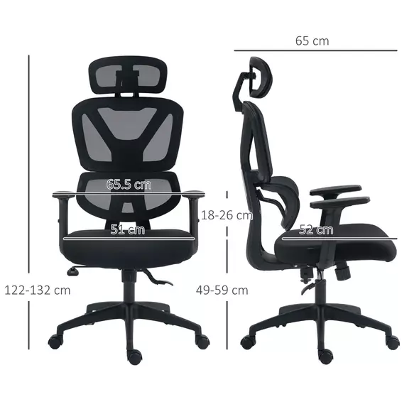 Vinsetto Mesh Office Chair, Height Adjustable Desk Chair with Lumbar Support, Swivel Wheels and Adjustable Headrest, Black - 3