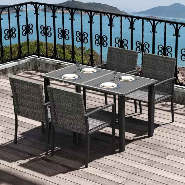 Outsunny Outdoor Dining Set 5 Pieces Patio Conservatory with Tempered Glass Tabletop,4 Dining Chairs - Grey - 2
