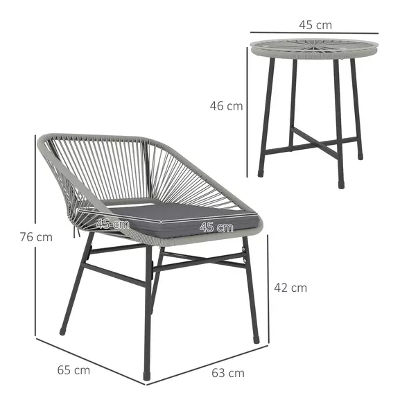 Outsunny 3 Pieces Rattan Bistro Set, Wicker Small Garden Table and Chairs Set with Cushions and Glass Top Coffee Table, Bistro Garden Furniture Set for Outdoor, Patio, Balcony, Light Grey - 3