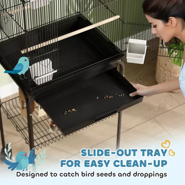 PawHut Metal Bird Cage with Plastic Swing, Perch, Food Container, Tray, Handle, for Finches, Canaries, Budgies, 43 x 32.5 x 163 - 5