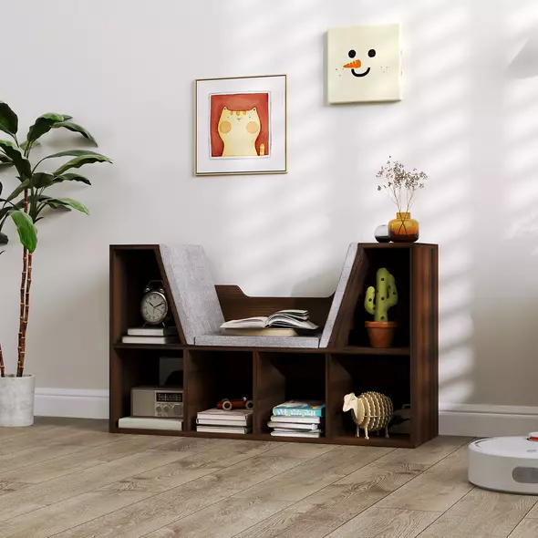 HOMCOM Bookcase Storage Shelf with Cushioned Reading Seat, Cube Bookshelf Organizer for Bedroom Living Room, Chestnut - 7