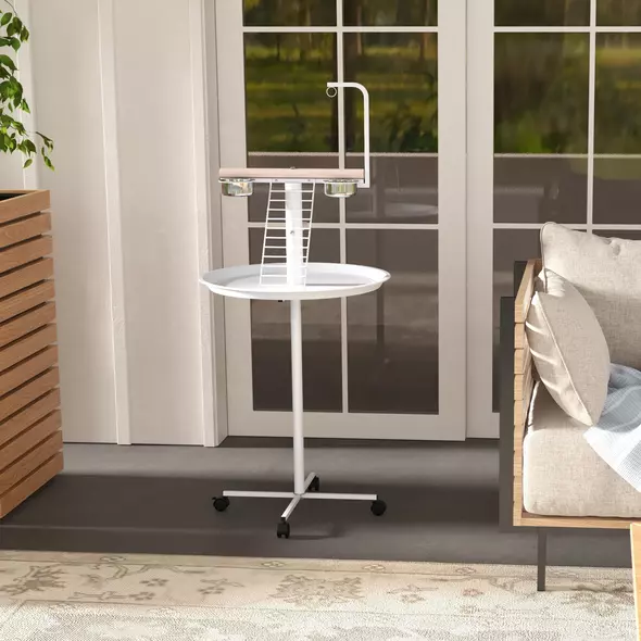 PawHut Bird Stand with Four Wheels, Perches, Stainless Steel Feed Bowls, Round Tray, for Garden, Indoor, Outdoor - White - 8