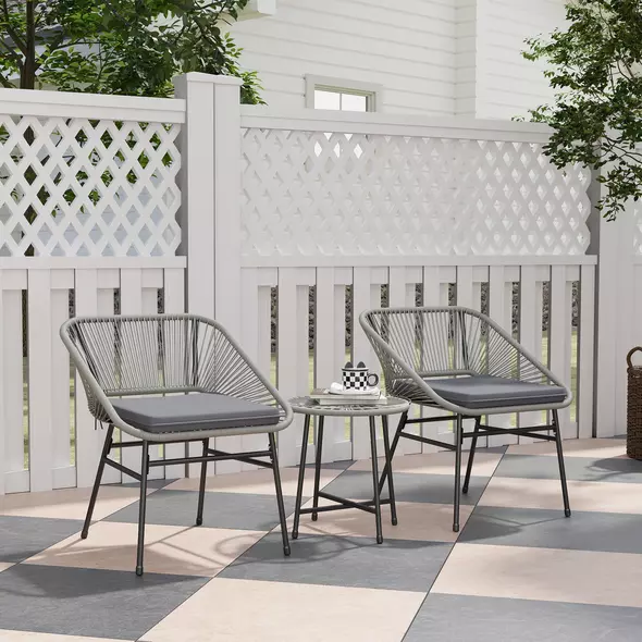 Outsunny 3 Pieces Rattan Bistro Set, Wicker Small Garden Table and Chairs Set with Cushions and Glass Top Coffee Table, Bistro Garden Furniture Set for Outdoor, Patio, Balcony, Light Grey - 2
