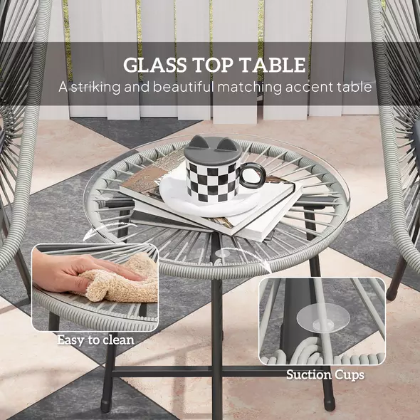 Outsunny 3 Pieces Rattan Bistro Set, Wicker Small Garden Table and Chairs Set with Cushions and Glass Top Coffee Table, Bistro Garden Furniture Set for Outdoor, Patio, Balcony, Light Grey - 7