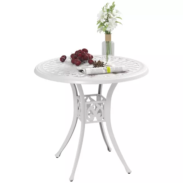 Outsunny 78 cm Round Garden Dining Table with Parasol Hole Antique Cast Aluminium Outdoor Table Only, White - 1