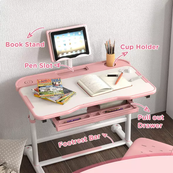 AIYAPLAY Height Adjustable Kids Desk and Chair Set, School Study Writing, Reading Table Chair Set w/ Tilted Desktop, Pink - 7