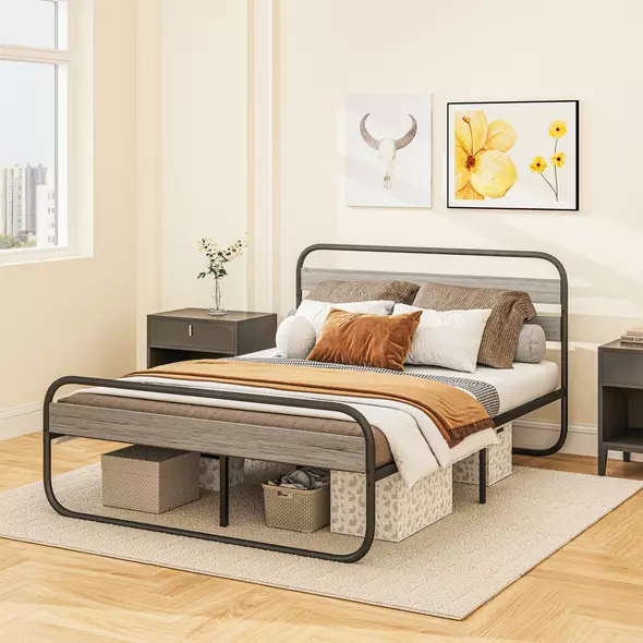 HOMCOM 4ft6 Double Bed Frame, Industrial Style Metal Platform Bed Frame with Under Bed Storage, No Box Spring Needed, Easy Assembly, Grey - 9