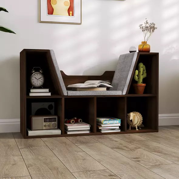 HOMCOM Bookcase Storage Shelf with Cushioned Reading Seat, Cube Bookshelf Organizer for Bedroom Living Room, Chestnut - 8