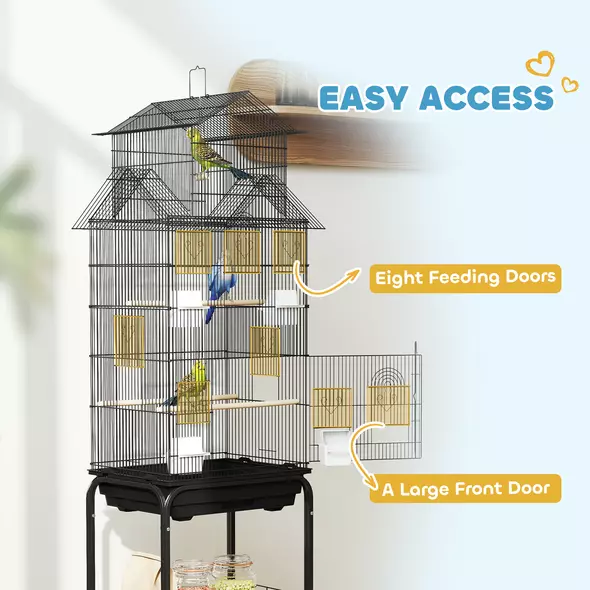 PawHut Metal Bird Cage with Plastic Swing, Perch, Food Container, Tray, Handle, for Finches, Canaries, Budgies, 43 x 32.5 x 163 - 6