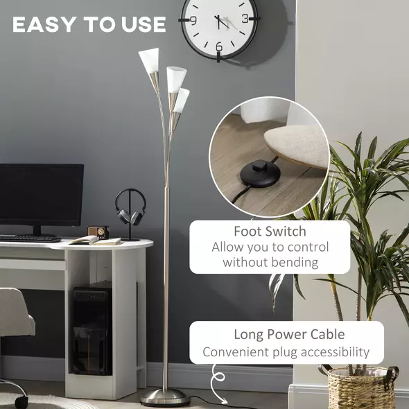 HOMCOM 3-Light Upright Floor Lamps for Living Room, Modern Standing Lamp for Bedroom with Steel Base, Bulb not Included, Silver - 5