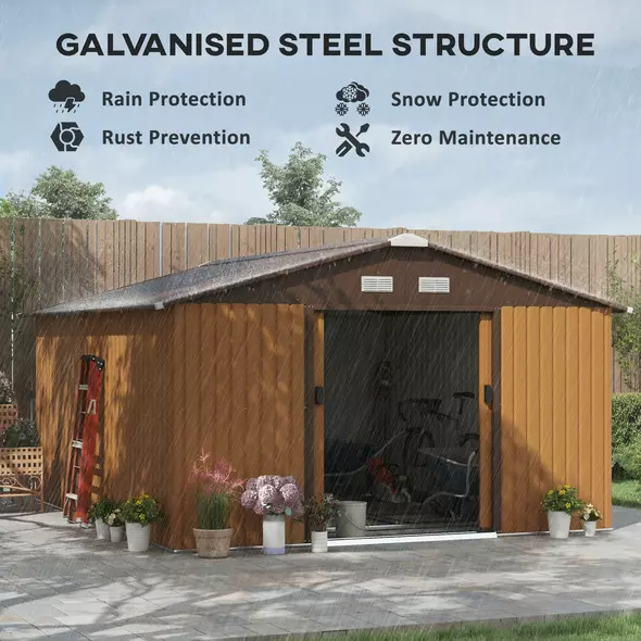 Outsunny 13 x 11ft Metal Garden Shed, Outdoor Storage Tool House with Ventilation Slots, Foundation Kit and Lockable Double Doors, Light Brown - 4